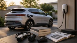 Electric car charging scene representing EV acronyms and owner terminology