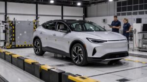 Electric car in a clean automotive safety testing facility