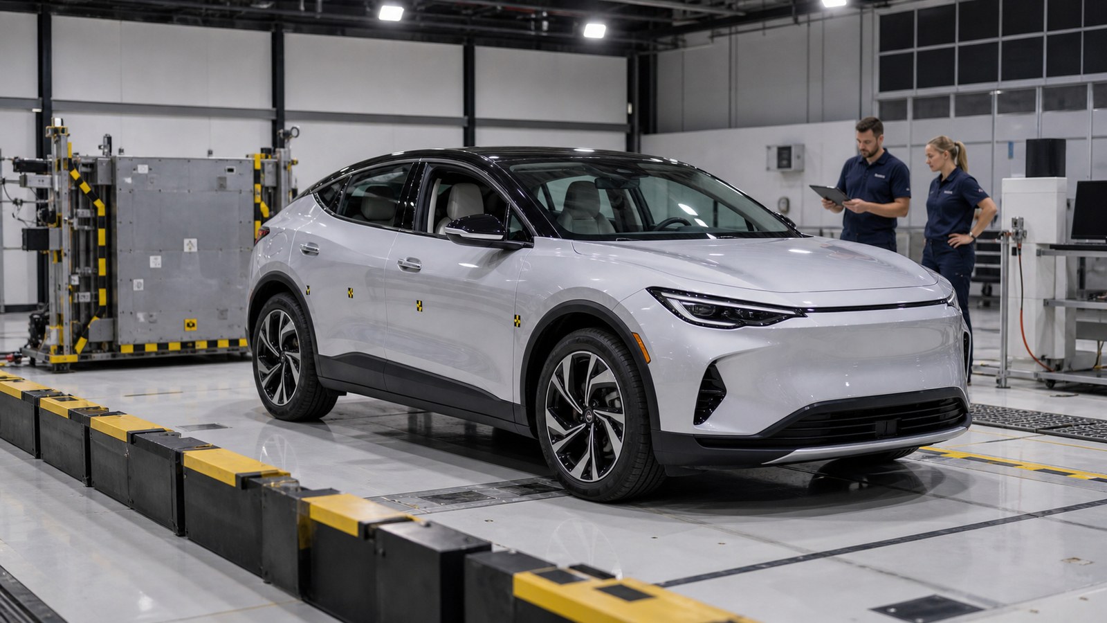Electric car in a clean automotive safety testing facility