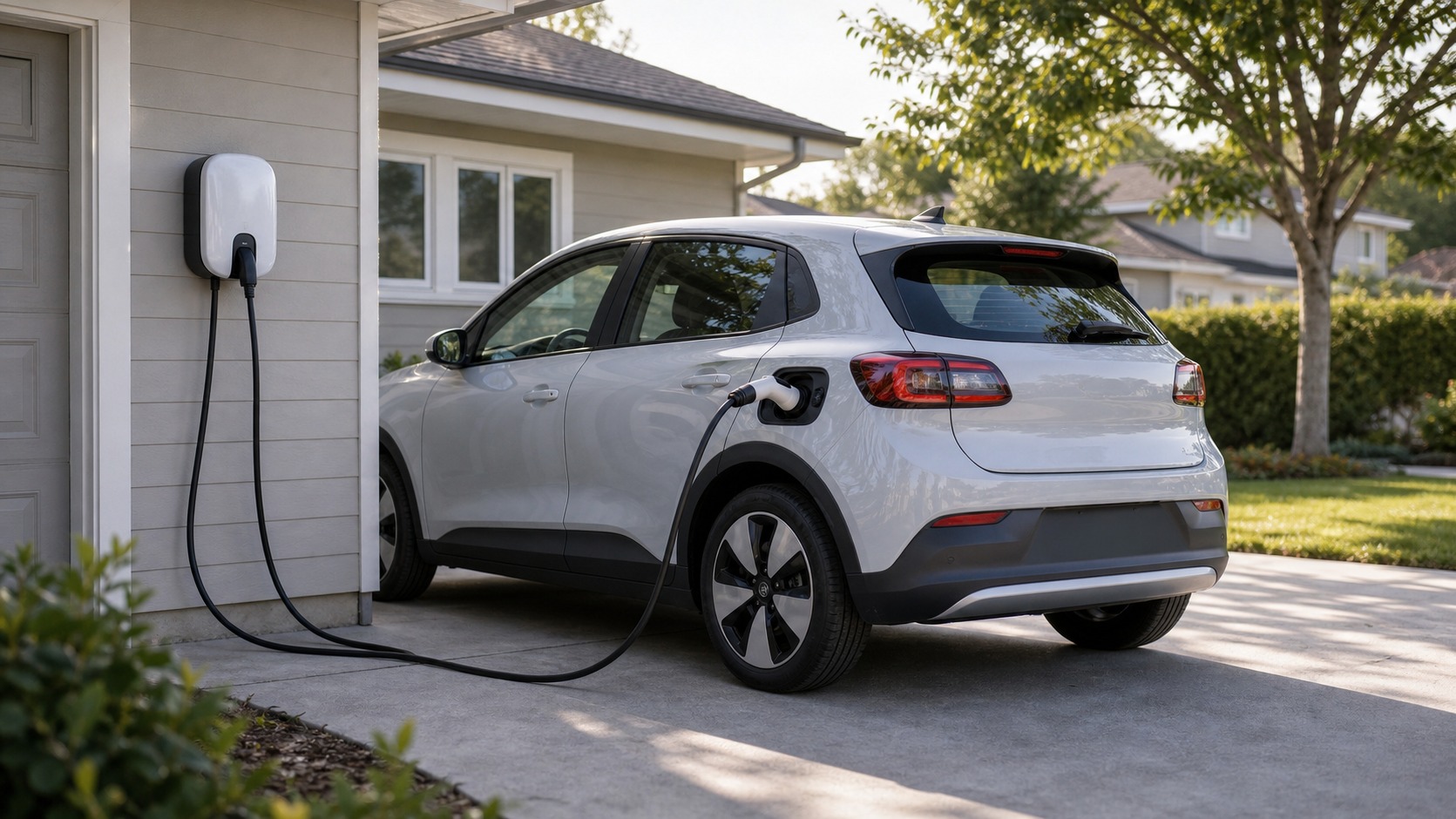 Affordable compact electric car charging in a driveway