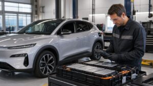 Electric vehicle battery health inspection in a service bay
