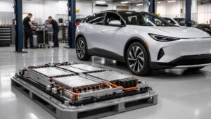 Electric vehicle battery pack displayed in a clean service bay beside an EV