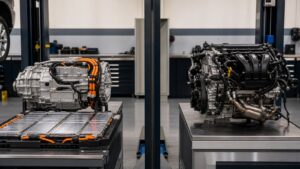 EV drive unit and gasoline engine compared in a clean service bay