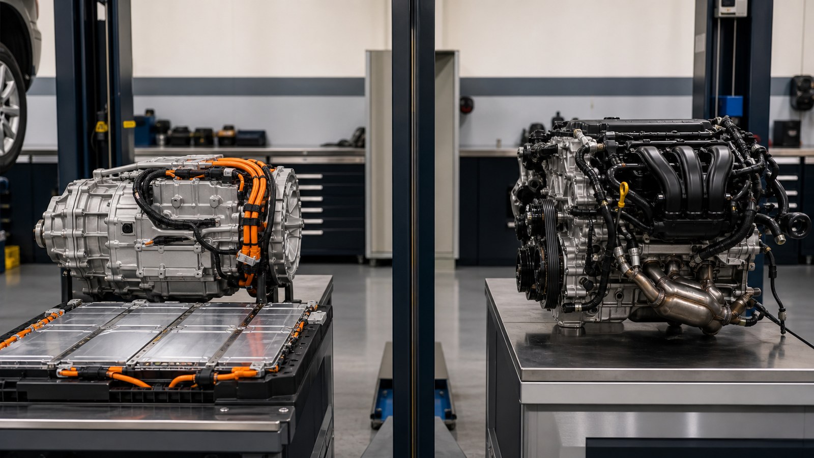 EV drive unit and gasoline engine compared in a clean service bay