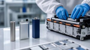 EV battery cells and module on a clean laboratory bench