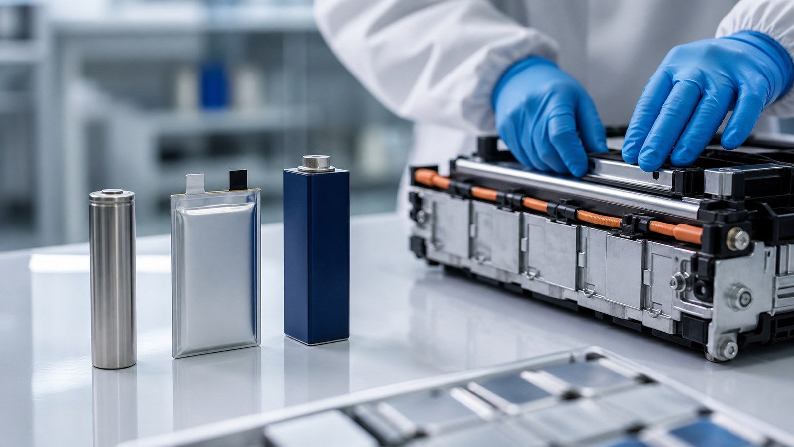 EV battery cells and module on a clean laboratory bench