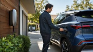 New EV owner connecting a charging cable to an electric vehicle at home