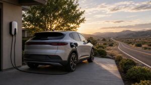 Electric vehicle near home charging and open road for EV myth explanation