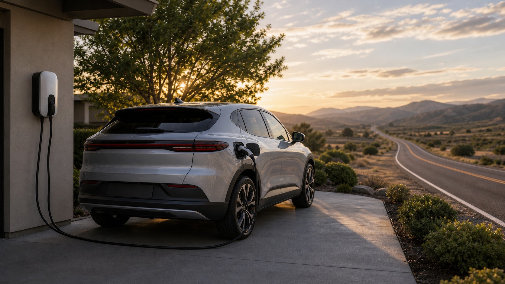 Electric vehicle near home charging and open road for EV myth explanation