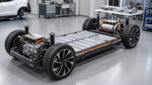 Modern electric vehicle chassis showing battery pack and drive units in an engineering studio