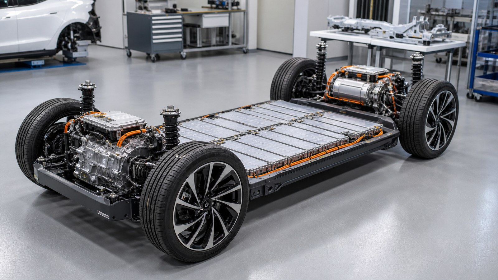 Modern electric vehicle chassis showing battery pack and drive units in an engineering studio