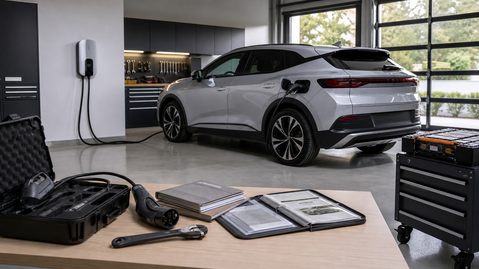 Electric vehicle garage scene representing common EV terminology