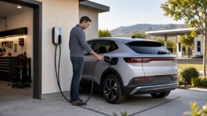 First-time electric vehicle owner plugging in at home