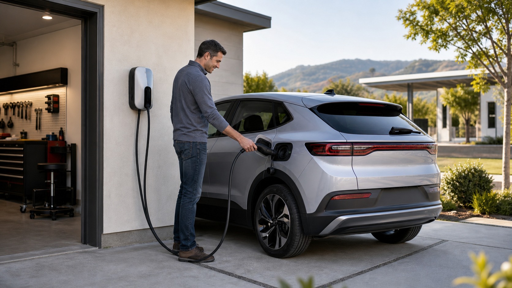 First-time electric vehicle owner plugging in at home