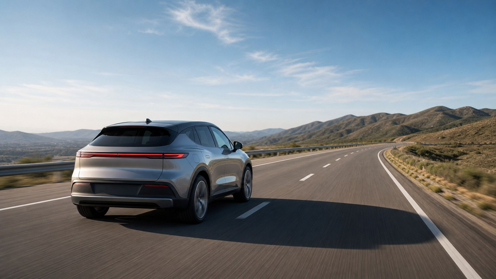 Electric car driving on an open highway where speed affects range