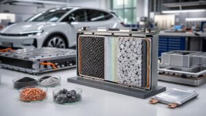 EV battery cell cross section model on a clean workbench