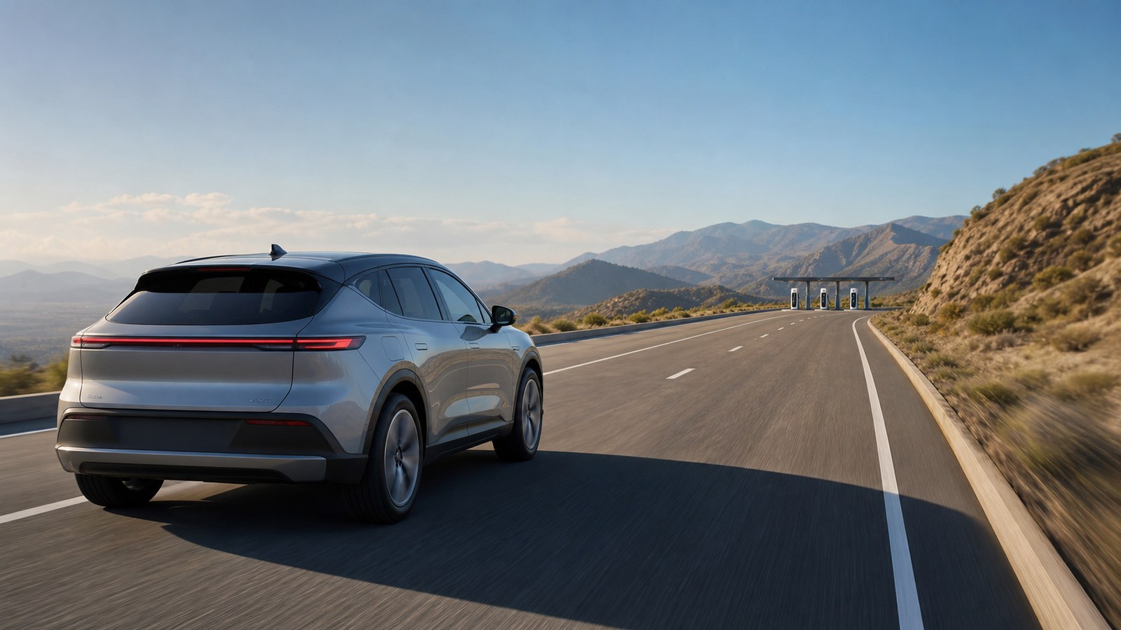 Electric car driving on an open highway representing real-world EV range