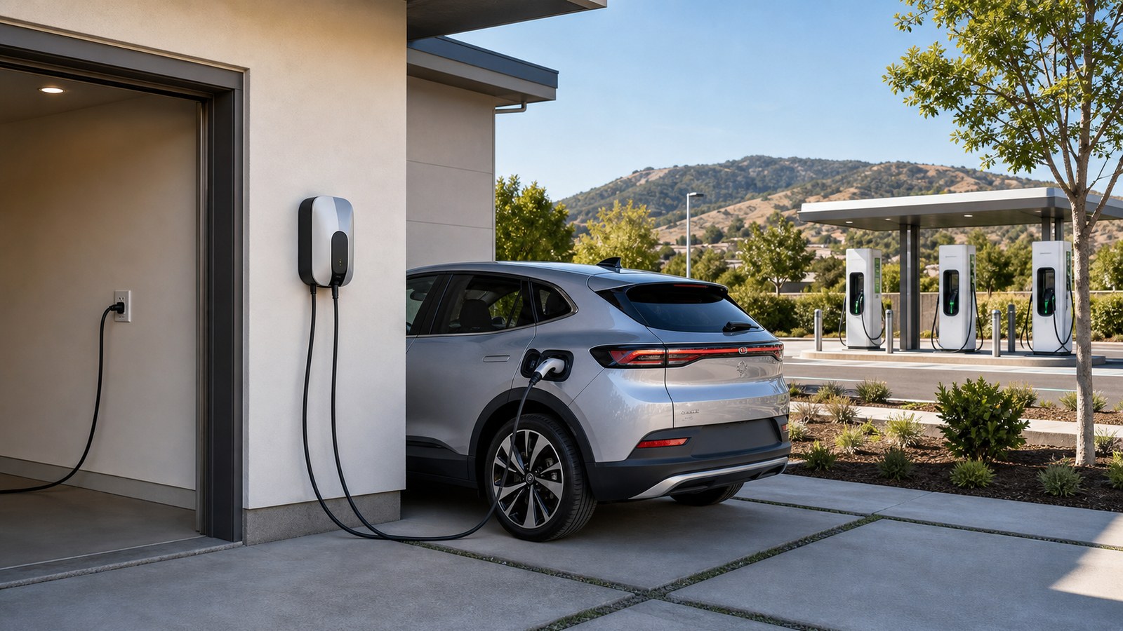 Electric vehicle charging near home and public charging equipment