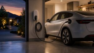 Electric car charging overnight in a home garage