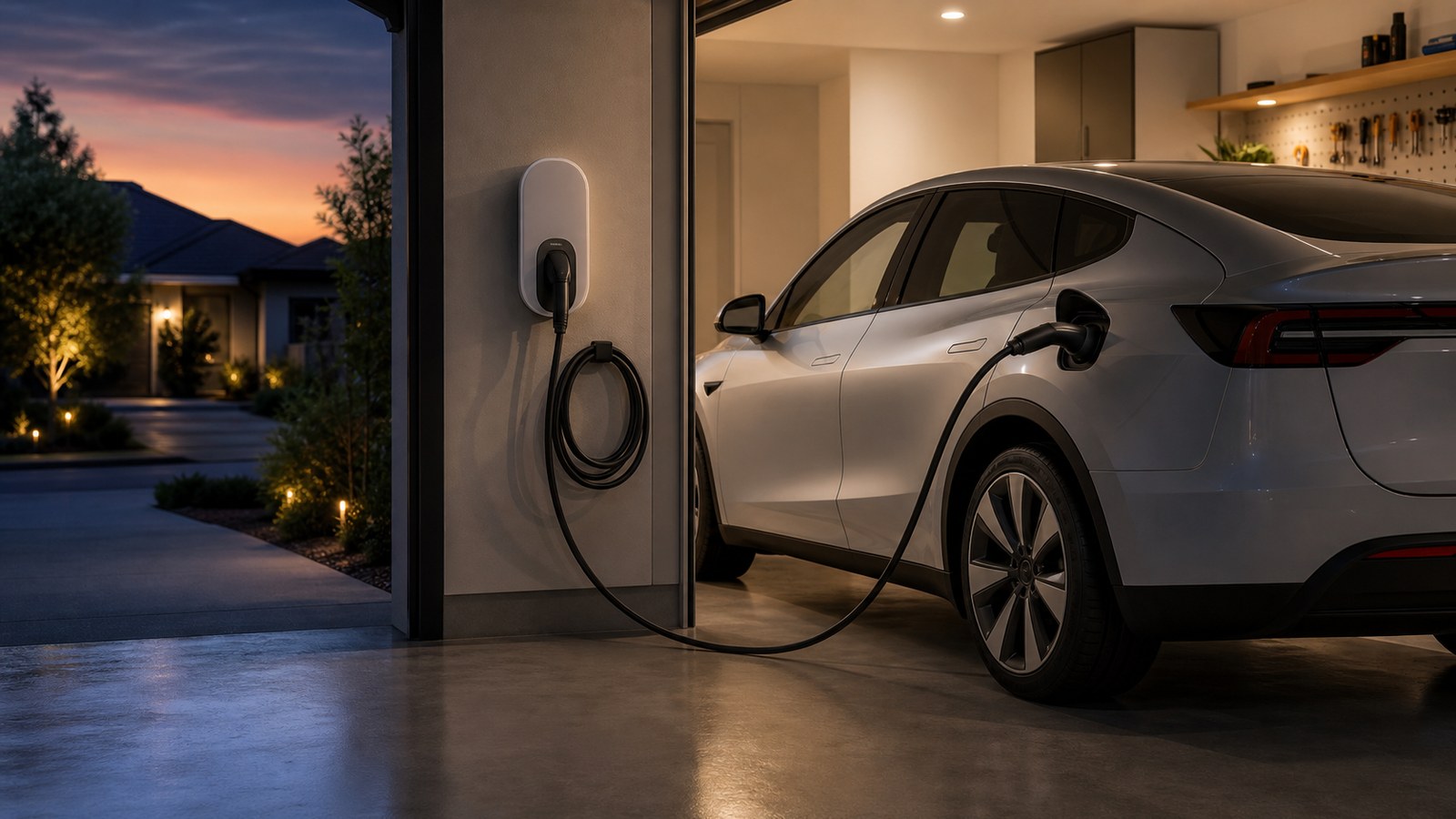 Electric car charging overnight in a home garage