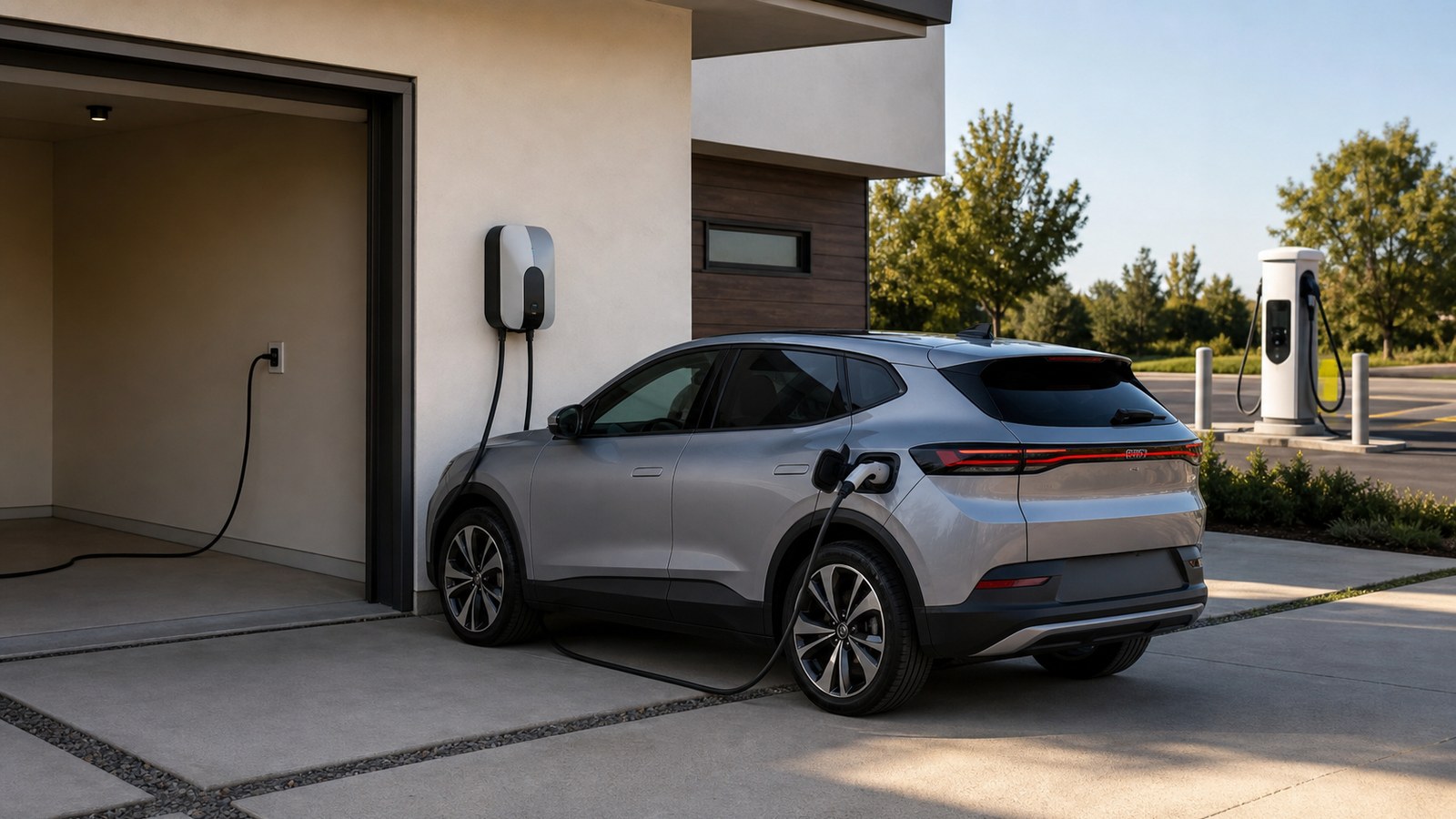 Electric vehicle near home and public charging equipment showing different charging environments