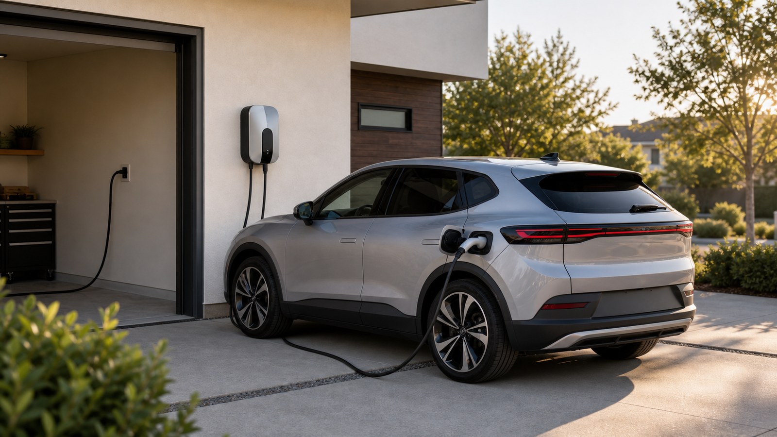 Electric vehicle plugged into a home Level 2 wall charger