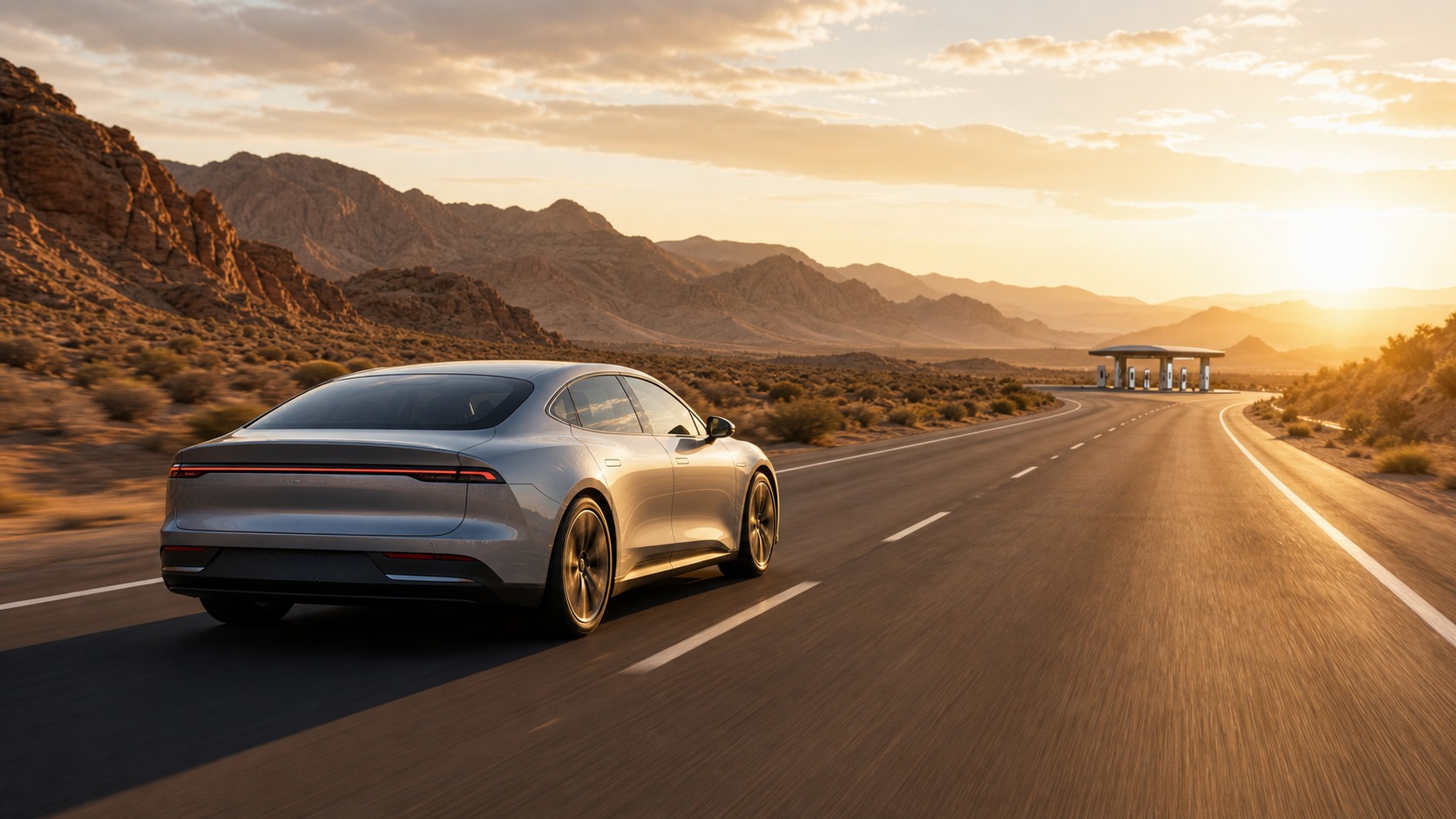 Long range electric sedan driving on an open highway