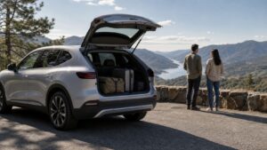 Long range electric SUV at a highway overlook with luggage