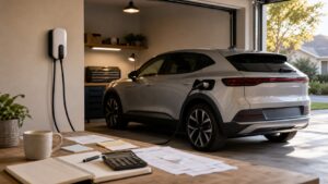 Electric vehicle in a garage representing ownership costs