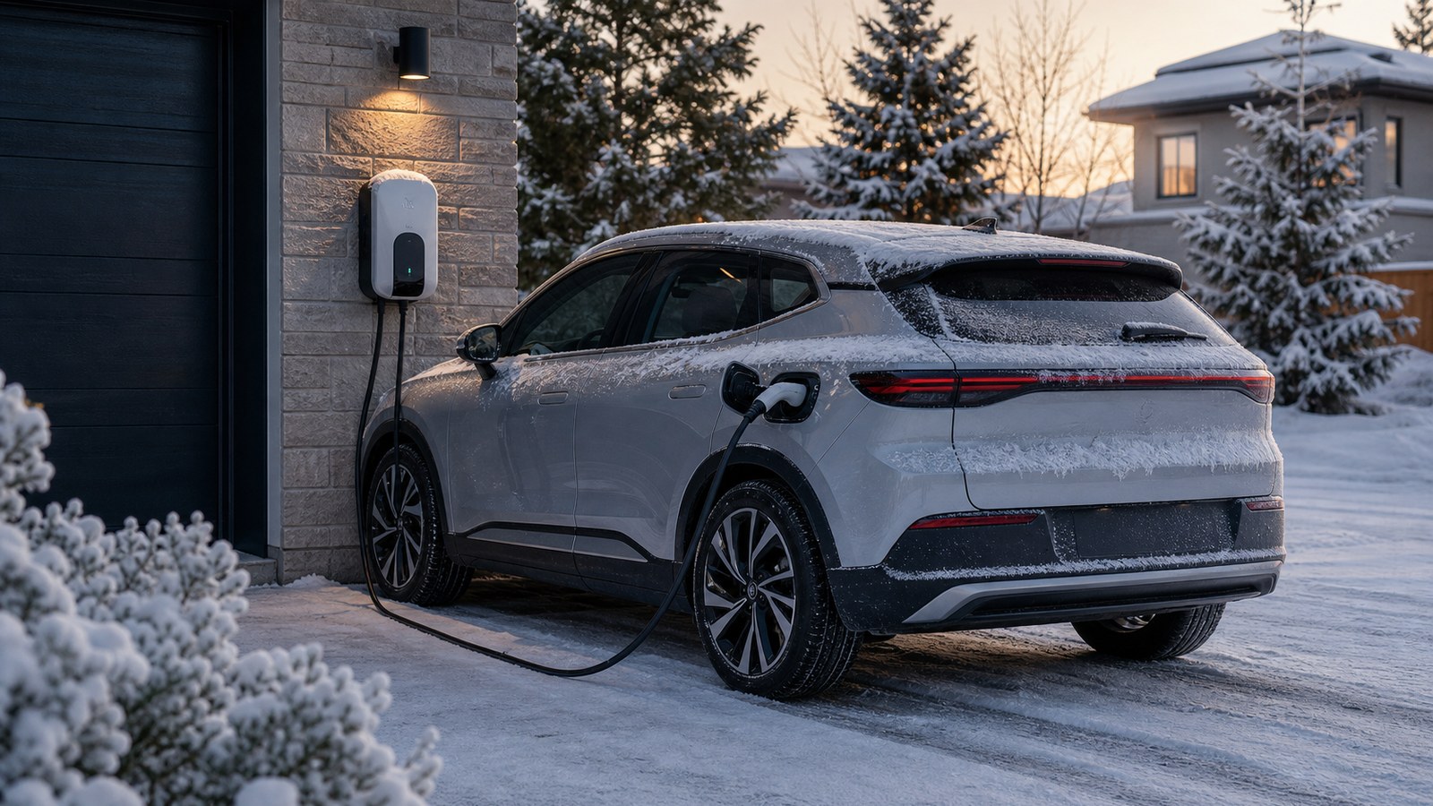 Electric vehicle charging on a snowy winter morning